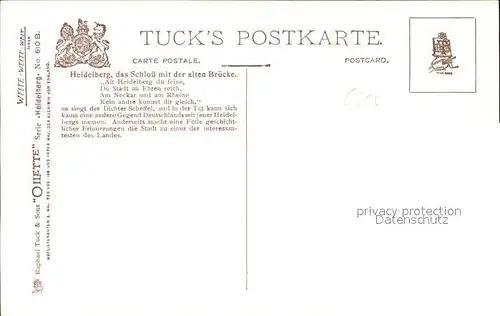 Verlag Tucks Oilette Nr. 610 B Heidelberg Schloss Bruecke / Verlage /