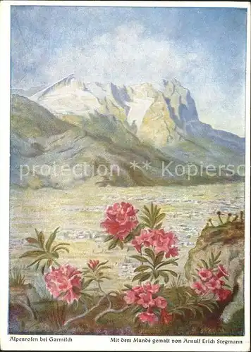 Kuenstlerkarte Alpenrosen bei Garmisch Arnulf Erich Stegmann Mund gemalt Dennoch Kuenstlerkarte Kat. Kuenstlerkarte