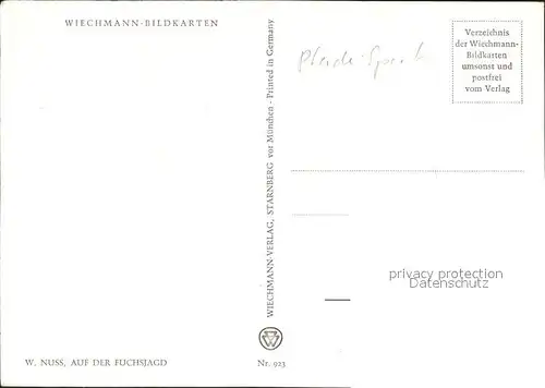 Verlag Wiechmann Nr. 923 W. Nuss Auf der Fuchsjagd Pferde Kat. Verlage