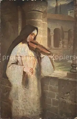 Nonnen Geige Kuenstlerkarte Ave Maria Hermann Kaulbach Kat. Religion