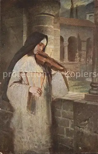 Geige Nonne Kuenstlerkarte Kat. Musik