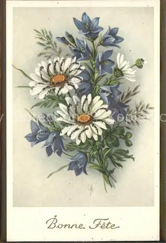Kuenstlerkarte Blumen Bonne Fete Glitzer Kat. Kuenstlerkarte