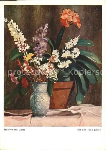 Stillleben mit dem Fusse gemalt Blumen Vase  Kat. Kuenstlerkarte