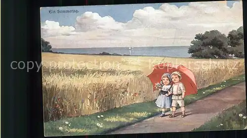 Kuenstlerkarte ein Sommertag Kinder Regenschirm Kat. Kuenstlerkarte