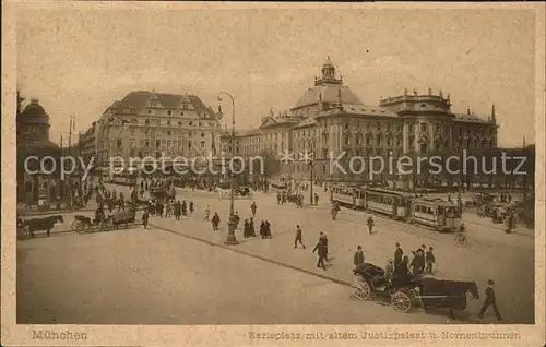 Strassenbahn Pferdekutsche Karlsplatz Justizpalast Nornenbrunnen Muenchen  Kat. Strassenbahn