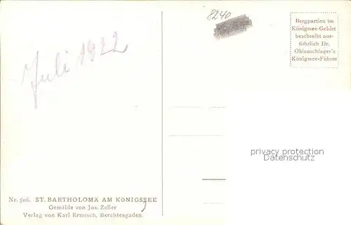 Kuenstlerkarte Jos. Zeller St. Bartholomae am Koenigssee Nr. 506 Kat. Kuenstlerkarte