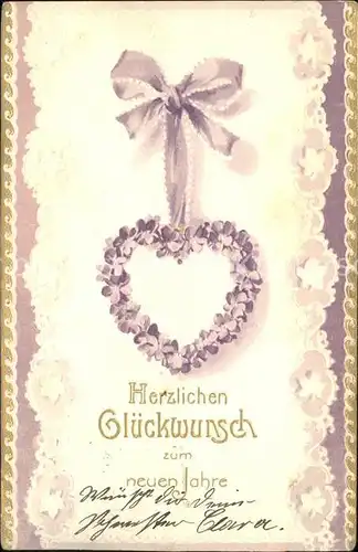 Neujahr Glueckwunsch Herz Blumen Schleife  Kat. Greetings