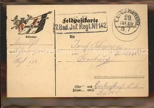 Feldpost-Stempel WK1 29. Inf.Div. 7. Bad. Inf. Regt. No. 142 / WK1 /