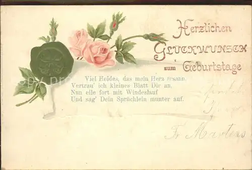 Rosen Geburtstag Glueckwunsch Kleeblatt Gedicht  Kat. Pflanzen