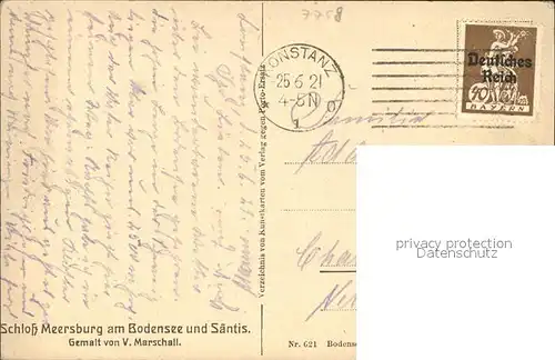 Marschall Vinzenz Schloss Meersburg Bodensee Saentis Nr. 621 Kat. Kuenstlerkarte