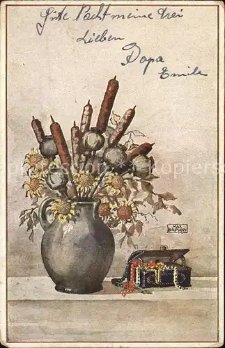Kuenstlerkarte Max Baumann Blumen in Vasen Nr. 1221 3 Schmuckkaestchen  Kat. Kuenstlerkarte