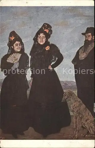 Kuenstlerkarte I. Zuloaga Portraits Nr. 1150 Frauen Faecher Hund  Kat. Kuenstlerkarte