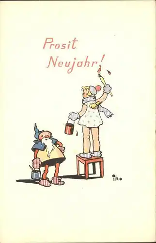 Zwerge Neujahr Kind malen Pinsel IHO Kuenstlerkarten Nr. 102 Kat. Maerchen und Sagen