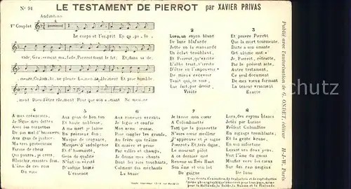 Liederkarte Le Testament de Pierrot Xavier Privas Kat. Musik