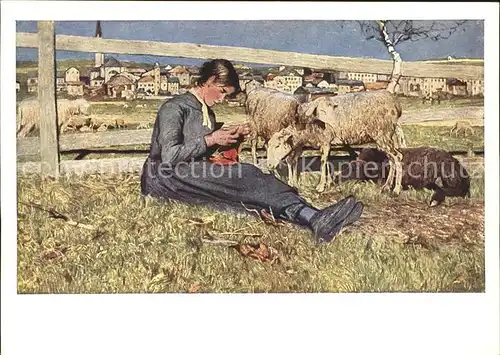Segantini Giovanni Strickendes Maedchen Handarbeit stricken Schafe  Kat. Kuenstlerkarte