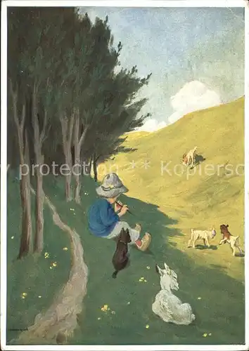 Kuenstlerkarte M. Schoenermark Der Fruehling ist da Nr. 4646 Kind Floete Schafe  Kat. Kuenstlerkarte