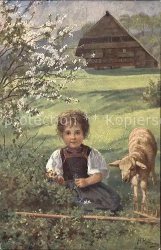 Hoffmann Heinrich Fruehlingsgruss aus dem Schwarzwald Maedchen Lamm  Kat. Kuenstlerkarte