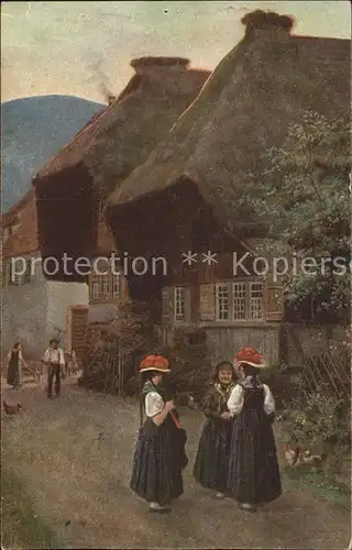 Hoffmann Heinrich Dorfstrasse im Schwarzwald Nr. 193 Frauen Trachten Schwarzwaldhaeuser Kat. Kuenstlerkarte