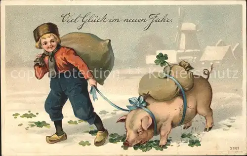 Schweine Glueck Neujahr Kind Kleeblaetter Litho  Kat. Tiere