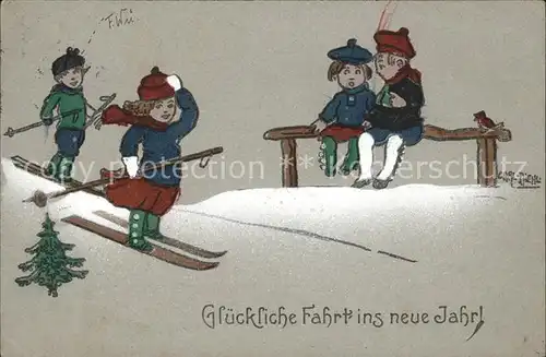 Skifahren Kinder Neujahr Kuenstlerkarte Carl Diehl  Kat. Sport