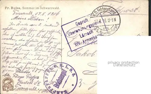 Reiss Fritz Sommer im Schwarzwald Stempel XIV. Armeekorps Loerrach  Kat. Schwarzwaldkuenstler