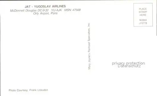 Flugzeuge Zivil JAT   Yugoslav Airlines MCDonnell Douglas DC 9 32 YU AJK MSN 47568 Orly Airport Paris Kat. Flug