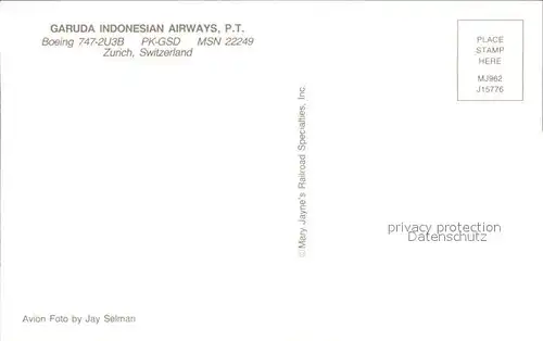 Flugzeuge Zivil GARDUA INDONESIAN AIRWAYS P.T. Boeing 747 2U3B PK GSD MSN 22249 Zuerich Siwitzerland Kat. Flug