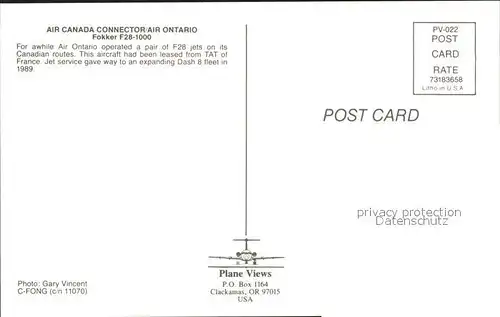 Flugzeuge Zivil Air Canada Connector Air Ontario Fokker F28 1000 C FONG c n 11070 Kat. Flug
