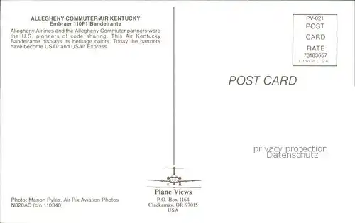 Flugzeuge Zivil Allegheny Commuter Air Kentucky Embraer 110P1 Bandeirante N820AC c n 110340 Kat. Flug