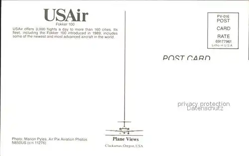 Flugzeuge Zivil USAir Fokker 100 N85OUS c n 11276 Kat. Flug