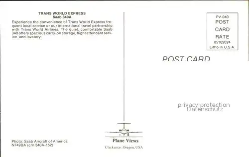 Flugzeuge Zivil Trans World Express Saab 340A N749BA c n 340A 152 Kat. Flug