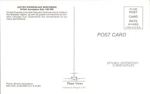 Flugzeuge Zivil Unites Express Air Wisconsin British Aerospace BAe 146 300 N611AW G BOWW c n E. 3120 Kat. Flug