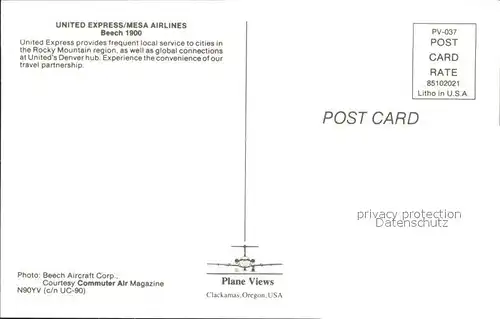 Flugzeuge Zivil United Express Mesa Airlines Beech 1900 N90YV c n UC 90 Kat. Flug