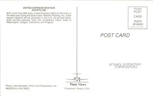 Flugzeuge Zivil United Express Westair Shorts 360 N622FB c n SH.3622 Kat. Flug