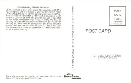 Flugzeuge Zivil Usair Boeing 727 227 Advanced N782AL  Kat. Flug