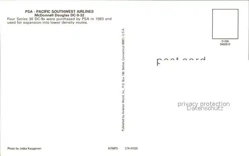 Flugzeuge Zivil PSA Pacific Southwest Airlines McDonnell Douglas DC 9 32 N706PS c n 47020 Kat. Flug
