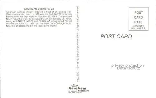 Flugzeuge Zivil American Boeing 727 23 N1971 Kat. Flug