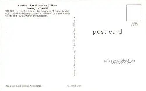 Flugzeuge Zivil SAUDIA Saudi Arabian Airlines Boeing 747 168B HZ AHB c n 22499 Kat. Flug