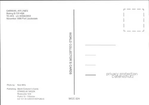 Flugzeuge Zivil Carnival Air Lines Boeing B 737 4Q8 TC AFA c n 26306 2653 Kat. Flug