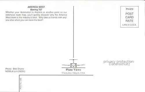 Flugzeuge Zivil America West Boeing 757 N360LA c n 24291 Kat. Flug