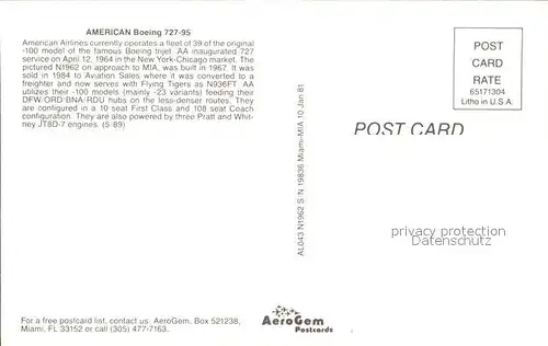 Flugzeuge Zivil American Boeing 727 95 AL043 N1962 S N 19836 Kat. Flug