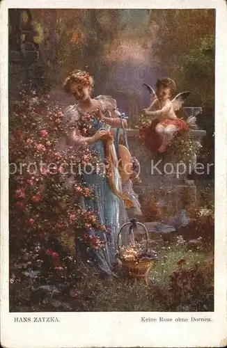 Zatzka H. Nr. 777 Keine Rose ohne Dornen Engel Blumen Frau  Kat. Kuenstlerkarte