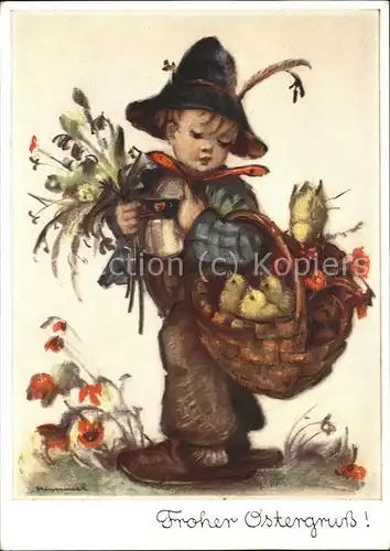 Hummel Nr. 5206 Ostern Kind Kueken Korb Blumen Kat. Kuenstlerkarte