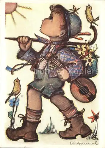 Hummel Nr. 14383 Kind Mandoline Voegel Blumen  Kat. Kuenstlerkarte