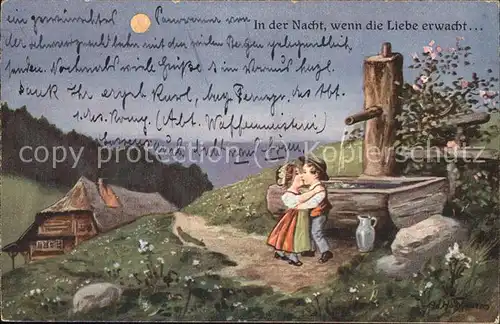 Hoffmann Ad. Nr. 5353 Schwarzwaldhaus Brunnen Liebe Nacht Paar Kat. Kuenstlerkarte