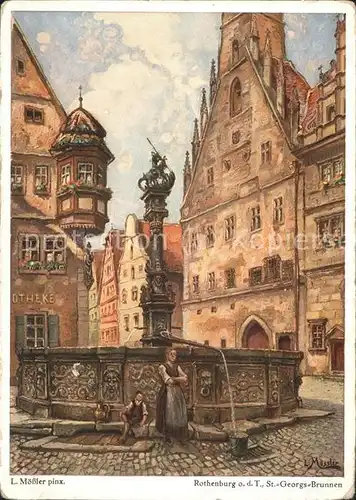 Moessler L. Rothenburg o.d.T. St. Georgs Brunnen mit Rathaus Kat. Kuenstlerkarte