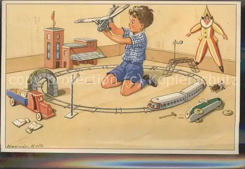 Kinderspielzeug Flugzeug Modelleisenbahn Kuenstlerkarte Hannie Holt  Kat. Kinder