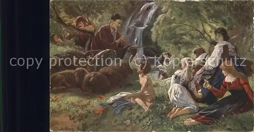 Stueckelberg Ernst Der Erzaehler Nr. 31 Kinder Schafe Frauen Wald Wasserfall Kat. Kuenstlerkarte