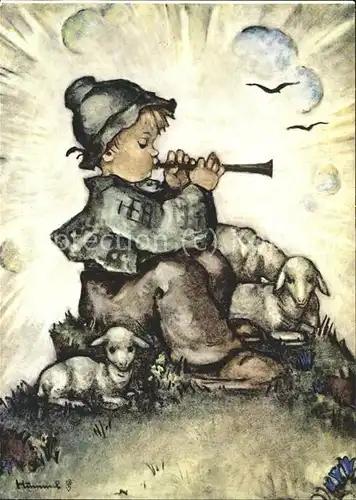 Hummel Nr. 834 Kind Floete Schafe Kat. Kuenstlerkarte