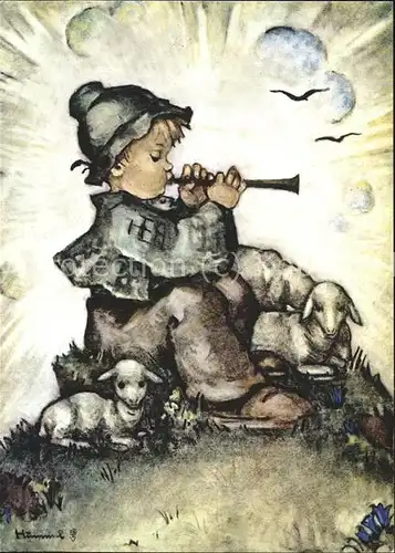Hummel Nr. 834 Der Floetenspieler Schafe  Kat. Kuenstlerkarte